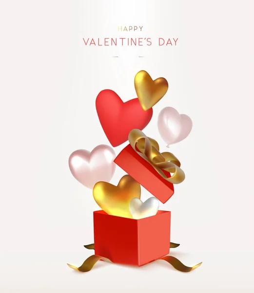 Design Fundo Valentine Com Caixa Presente Vermelho Aberto Corações Ilustração — Vetor de Stock