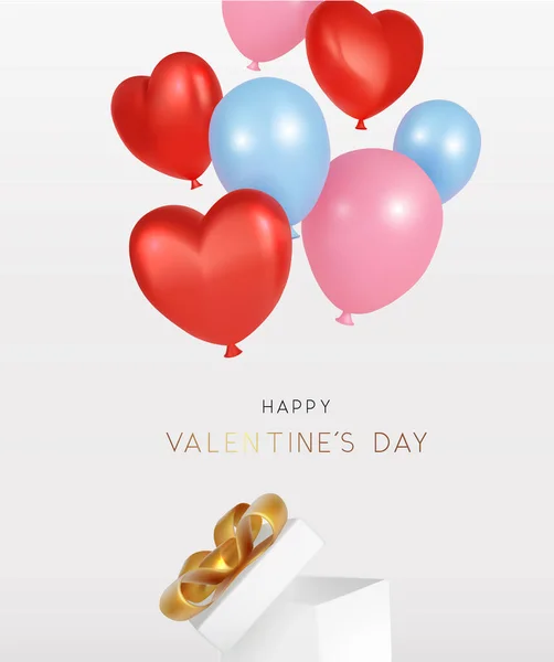 Feliz Dia Dos Namorados Com Caixa Presente Aberta Balão Voador — Vetor de Stock