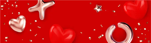 Feliz Dia Dos Namorados Banner Com Ouro Objeto Metálico Coração — Vetor de Stock