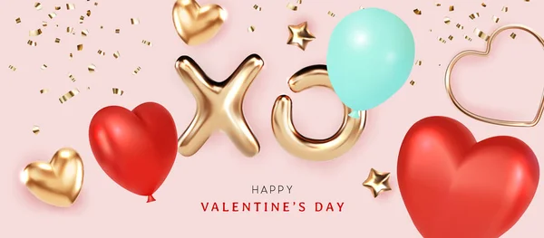 Banner Valentine Com Texto Metálico Dourado Balões Ilustração Vetorial — Vetor de Stock