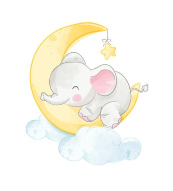 Sevimli Küçük Fil Ay 'da Şekerleme Çizimi
