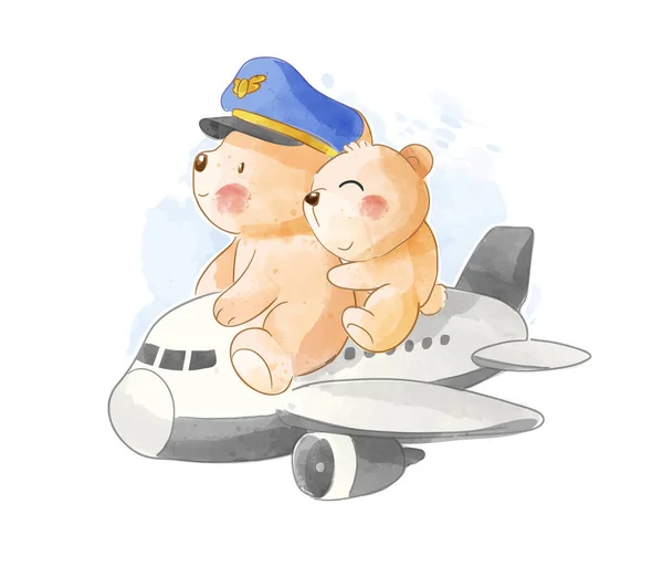 Roztomilé Medvědi Pilot Pár Koni Letadlo Ilustrace — Stockový vektor