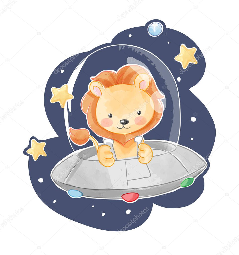 Cute cartoon lion in UFO illustration