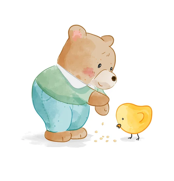 かわいい漫画クマ給餌小さなアヒルの漫画のイラスト — ストックベクタ