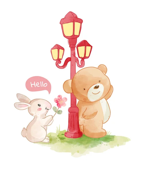 Cute Bears Dan Kelinci Kecil Teman Vektor Ilustrasi - Stok Vektor