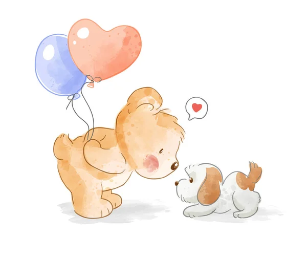 Mignon Ours Tenant Des Ballons Petite Illustration Chien — Image vectorielle