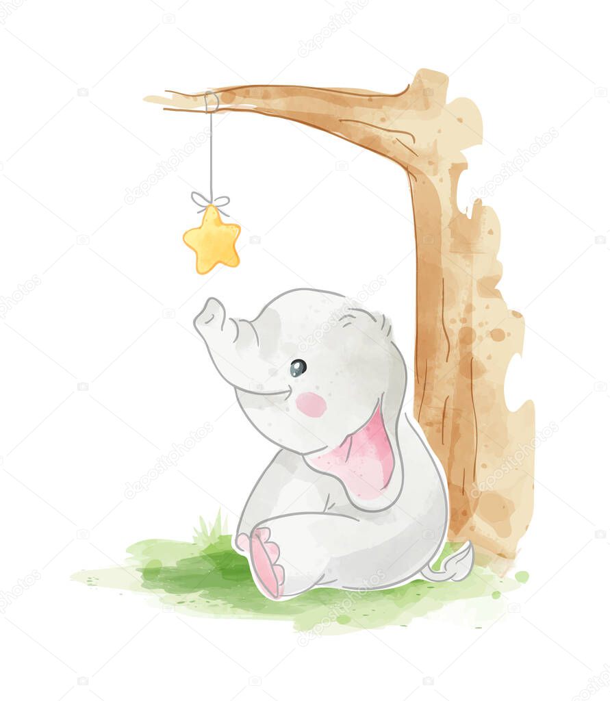 cute elephant siting with little star hanging on the tree illustration