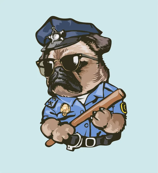 Cartoon Funny Pug Dog Police Officer Illustration — Stock Vector