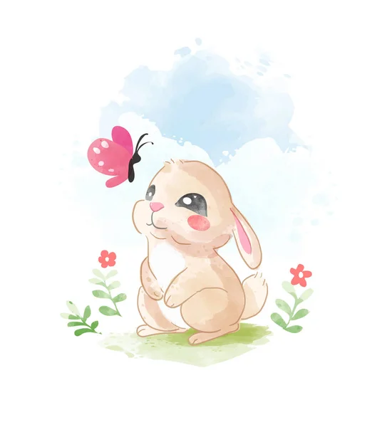 Mignon Petit Lapin Avec Illustration Papillon Rose — Image vectorielle