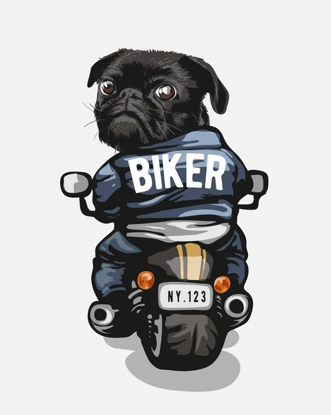 面白い漫画黒犬バイクイラストに乗る — ストックベクタ