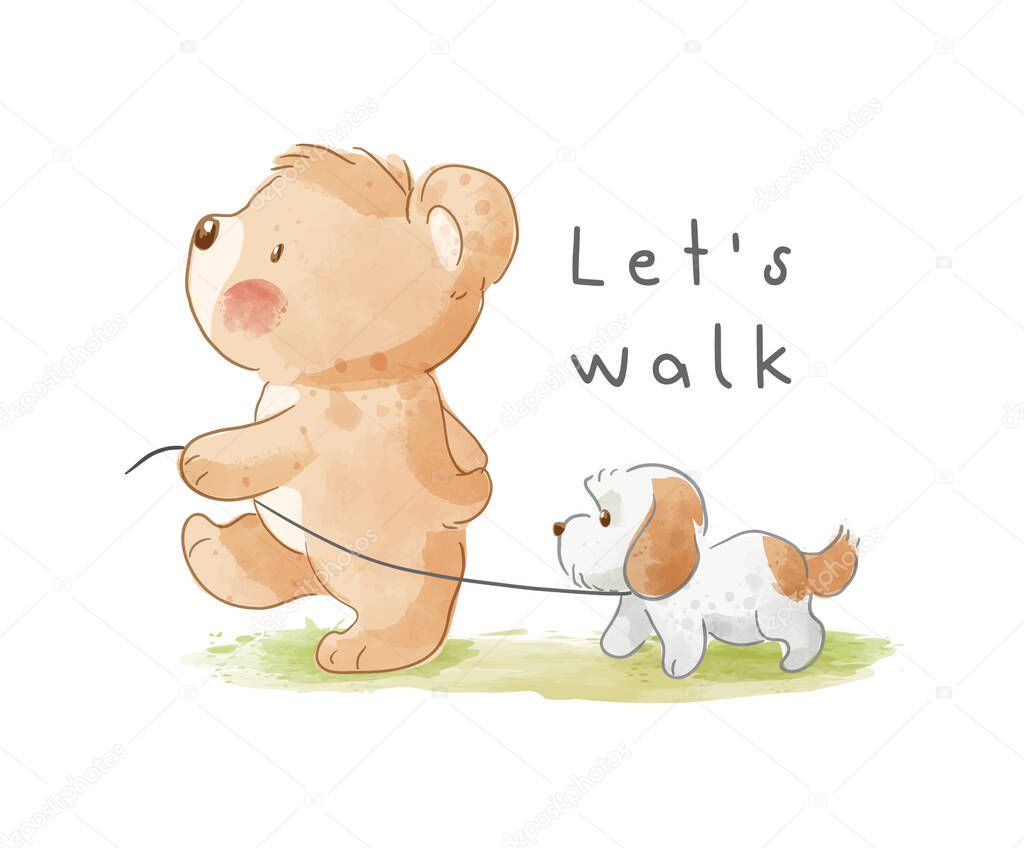 Cute cartoon bear walking puppy illustration