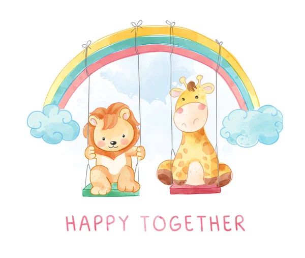 Happy Together Slogan Cartoon Lion Giraffe Playing Swing Illustration — Stock Vector