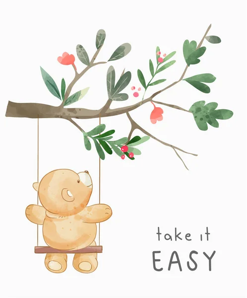 Take Easy Slogan Mit Niedlichem Bären Auf Schaukel Illustration — Stockvektor