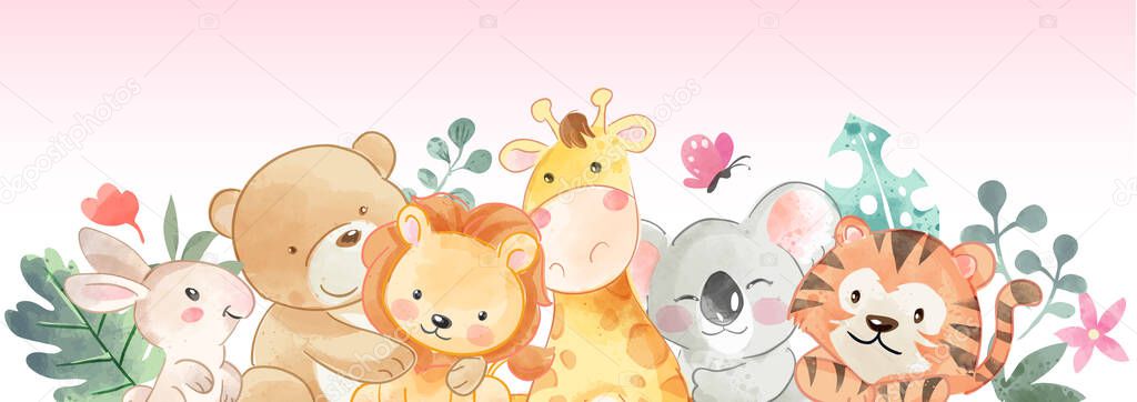 horizontal banner of cute animal friends illustration 