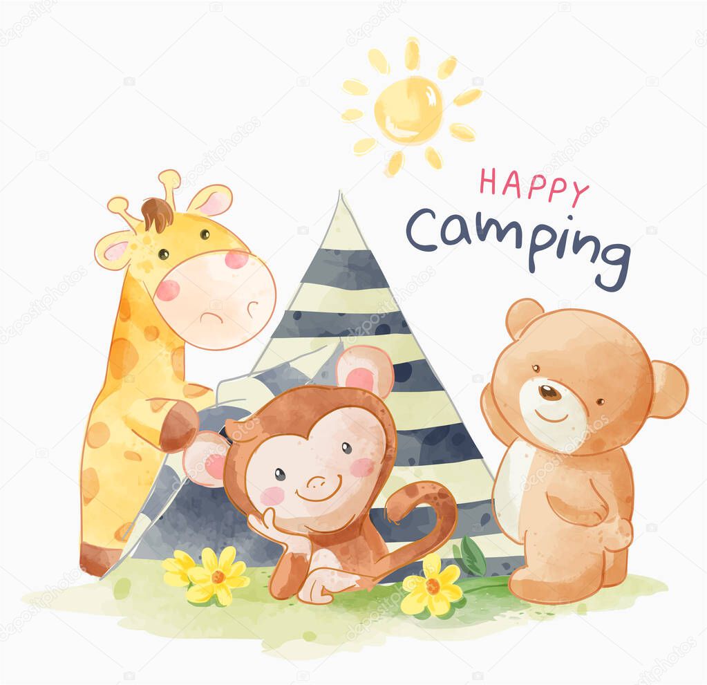 camping slogan with cute animals cartoon friends illustration