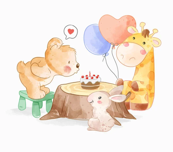 Mignon Animaux Amis Avec Gâteau Anniversaire Sur Arbre Souche Illustration — Image vectorielle