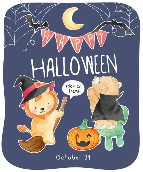 Roztomilý Halloween Karta Šablona Roztomilými Zvířaty Ilustrace — Stockový vektor