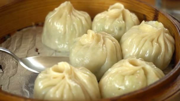 Serving Steamed Dumplings Fork — Stock Video