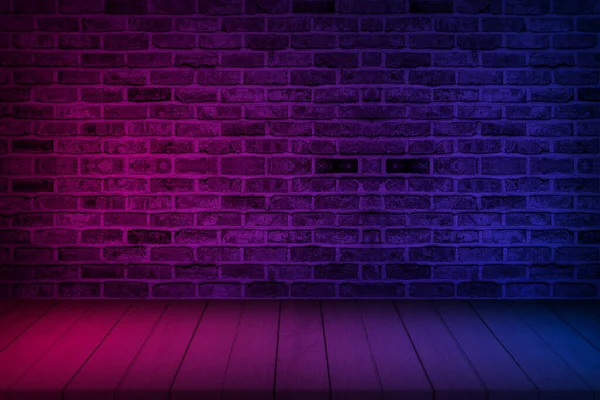 Neon light on brick wall texture background. Lighting effect red and blue neon background for product display, banner, or mockup.