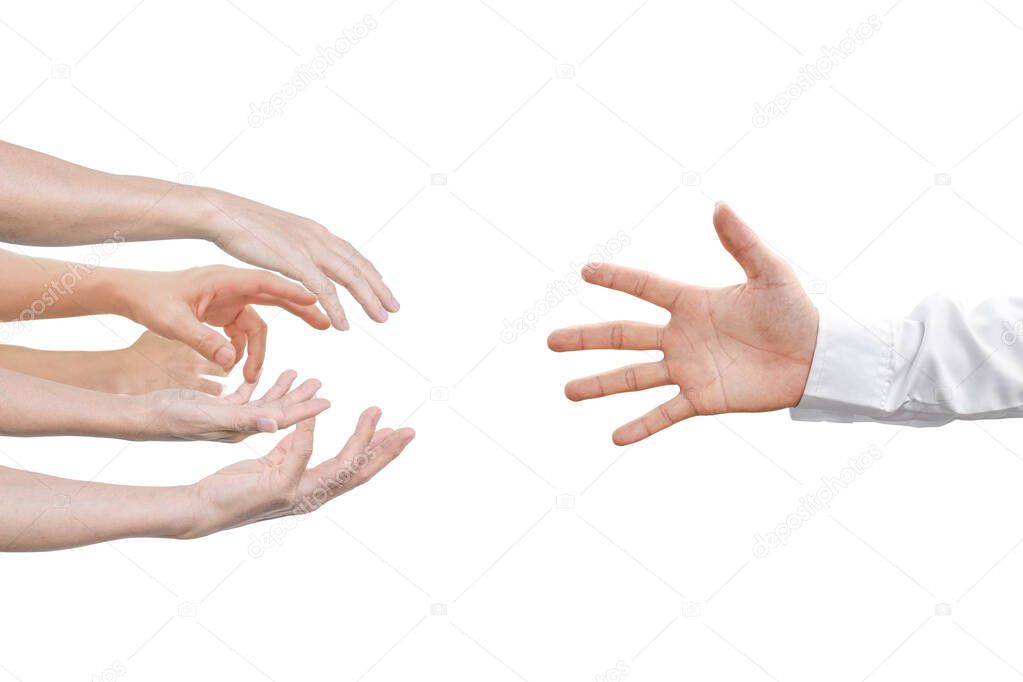 Hand reaching for helping hand, Isolated on white background.