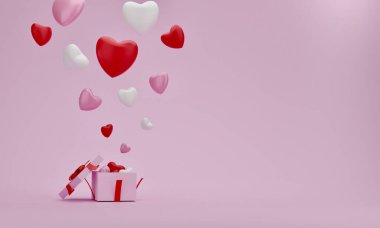 Pembe arka planda balon kalpli hediye kutusunu aç, Anneler Günü için fikir, Sevgililer Günü, Doğum günü, 3D.