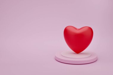 Kırmızı kalp, pembe arka planlı sunum podyumunda. Anneler Günü, Sevgililer Günü, Doğum günü, 3D görüntüleme.