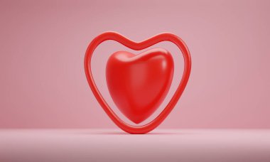 3D görüntüleme, pembe arka planda kırmızı kalpler. Tebrik kartı tasarımı için sevgi sembolleri.