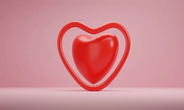 Renderização Corações Vermelhos Fundo Rosa Símbolos Amor Para Projeto Cartão — Fotografia de Stock