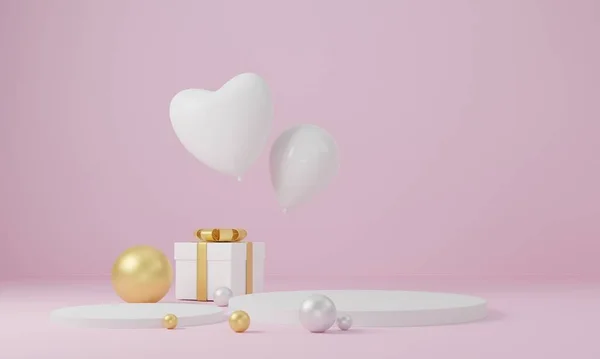 Valentine Day Background Platform Hearts Balloons Podium Love Greeting Card — Stock Photo, Image