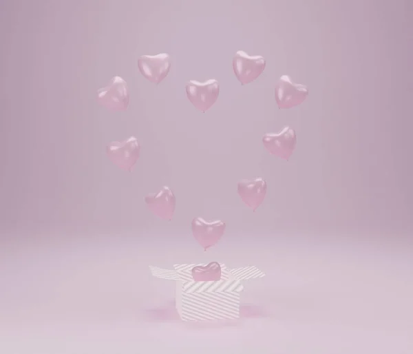 Ajándék Doboz Nyitott Léggömb Szív Lebeg Rózsaszín Háttér Szimbólumok Szeretet — Stock Fotó