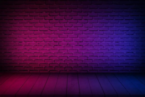 Neonové Světlo Pozadí Cihlové Stěny Textury Světelný Efekt Červené Modré — Stock fotografie