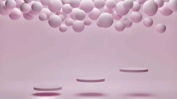 Darstellung Abstrakte Tapeten Fliegende Geometrische Objekte Und Präsentationspodest Auf Rosa — Stockfoto