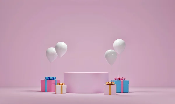 Mock Presentförpackning Och Ballonger Med Plattform För Kosmetisk Produktpresentation Rosa — Stockfoto