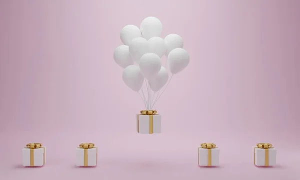 Presentask Med Vit Ballong Flyter Rosa Bakgrund Minimalt Koncept Konvertering — Stockfoto