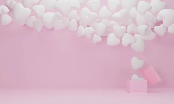 Caixa Presente Aberto Balão Branco Coração Flutuar Fundo Rosa Símbolos — Fotografia de Stock