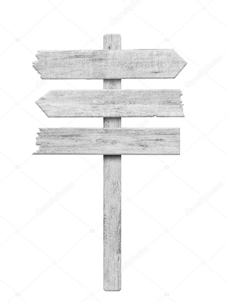 White wood arrow signpost isolated on white background. Object with clipping path.