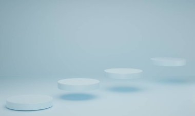 Mavi pastel arka planda podyum sahnesi. Geometrik şekil. Geometrik şekilli soyut sahne. 3d oluşturma.