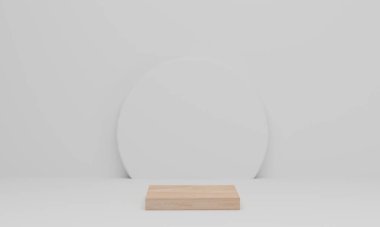 3D görüntüleme. Beyaz arka planda ahşap podyum. Geometrik ile soyut asgari sahne. Gösterge, ürün sunumu için kaldırım veya platform, maket yapın, kozmetik ürünü göster