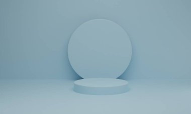 Mavi pastel arka planda podyum sahnesi. Geometrik şekil. Geometrik şekilli soyut sahne. 3d oluşturma.