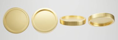 Beyaz arka planda farklı şekillerde altın sikke seti. 3d oluşturma.