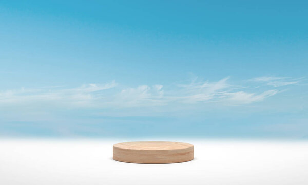 Minimal Podium Wood Cylinder Podium Blue Sky Cloud Background Render — Stock Photo, Image