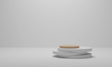 Soyut asgari sahne platformu. Geometrik şekilli ahşap podyum beyaz arka planda. 3d oluşturma