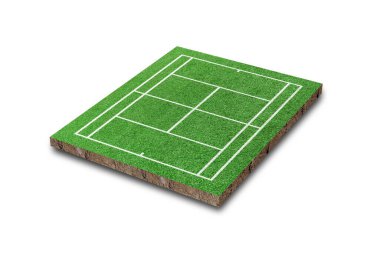 Tenis kortu beyaz arka planda izole edilmiş. Yeşil çimen gerçekçi. 3B görüntüleme