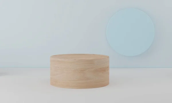 Circle wood podium minimal white wall scene. cylinder podium platforms for cosmetic product presentation. 3d rendering