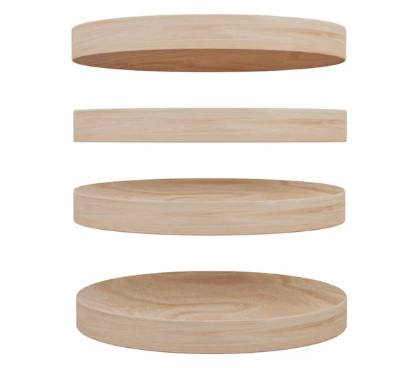3D render. Set of wood circle shelf isolated on white background. Object with clipping path.