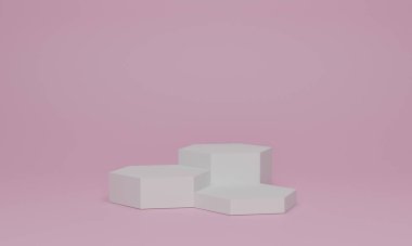 3D görüntüleme. Geometrik ile soyut asgari sahne. Pembe arka planda altıgen kürsü. Kozmetik ürünleri için manzara.