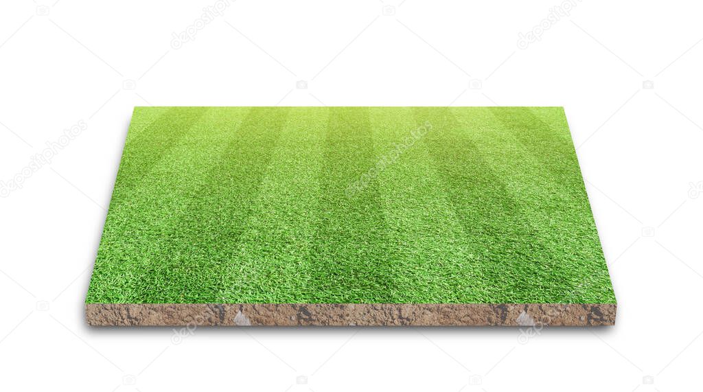 3D Rendering. Soccer lawn stripe field, Green grass football field, isolated on white background.