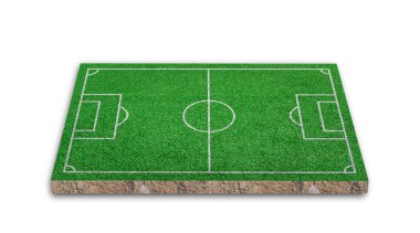 Üç boyutlu görüntüleme. Futbol çimenliği, yeşil çimen futbol sahası, beyaz arka planda izole..