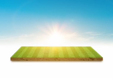 Üç boyutlu görüntüleme. Yeşil çimen futbol sahası ve gökyüzü bulutu arkaplanı.