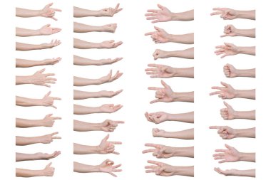 Beyaz arkaplanda kırpma yolu ile izole insan el hareketleri koleksiyonu.